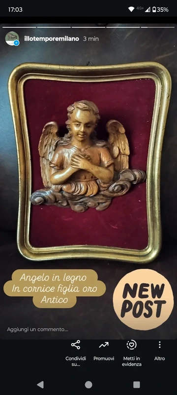 scultura angelo con ali in legno in cornice foglia oro scultura angelo con ali in legno in cornice foglia oro