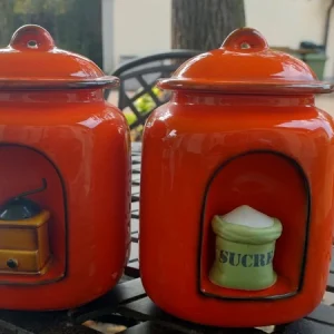 coppia vaso barattolo per zucchero e caffè ceramica arancione