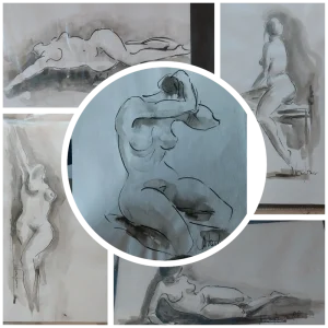acquarello bianco e nero nudo di donna firmato