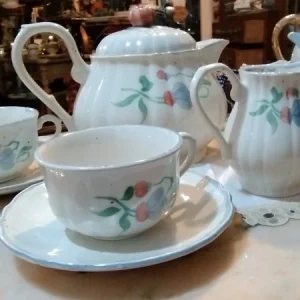 teiera e lattiera con coppia tazza e piattino salins les bains france