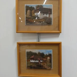 coppia quadro materico raffigurante casale casa campagna cottage rurale