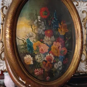coppia antico quadro quadertto ovale fiori dipinti