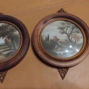 coppia paesaggio miniatura dipinto in quadretto rotondo legno