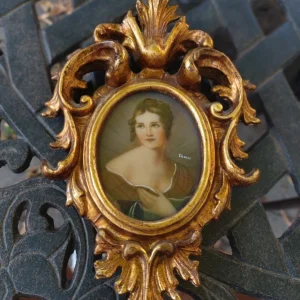 bellissimo piccolo ritratto d'epoca di paolina bonaparte con cornice dorata legno