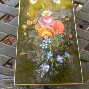 bellissima e antica scatola metallo latta nero con decoro fiori