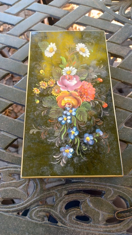 bellissima e antica scatola metallo latta nero con decoro fiori bellissima e antica scatola metallo latta nero con decoro fiori
