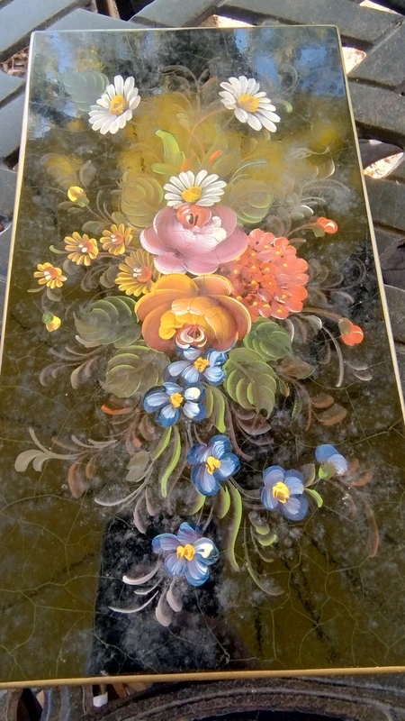 bellissima e antica scatola metallo latta nero con decoro fiori bellissima e antica scatola metallo latta nero con decoro fiori