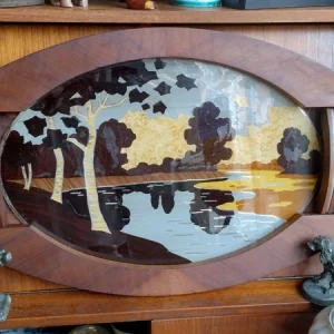 vassoio ovale in legno con manici e specchio paesaggio