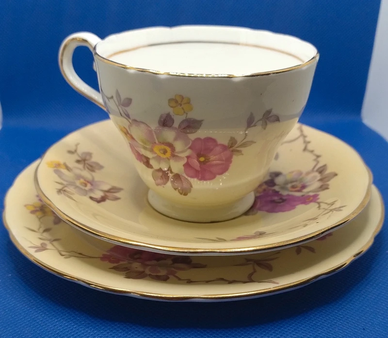 tazza da thè tè e doppio piattino vintage aynsley giallo pallido e floreale tazza da thè tè e doppio piattino vintage aynsley giallo pallido e floreale