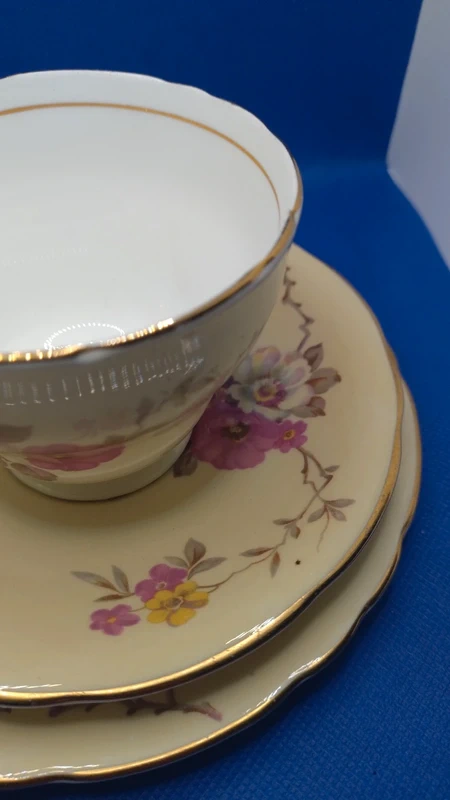 tazza da thè tè e doppio piattino vintage aynsley giallo pallido e floreale tazza da thè tè e doppio piattino vintage aynsley giallo pallido e floreale