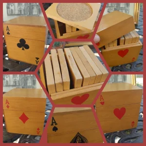 scatola legno con asso di cuori picche fiori quadri porta sottobicchieri
