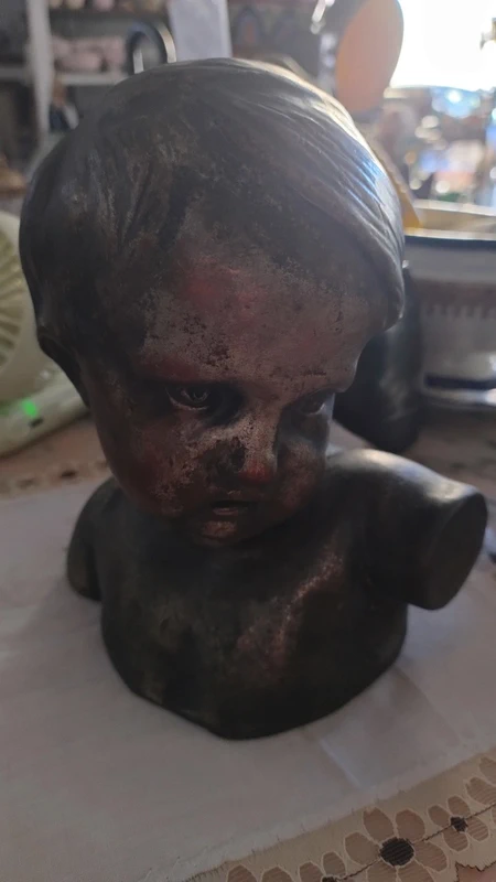antico busto testa di bambino in terracotta e lamina argentata antico busto testa di bambino in terracotta e lamina argentata