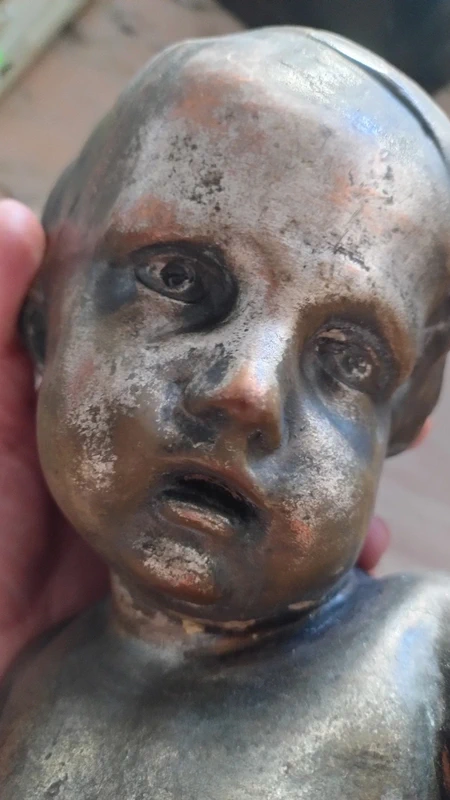 antico busto testa di bambino in terracotta e lamina argentata antico busto testa di bambino in terracotta e lamina argentata